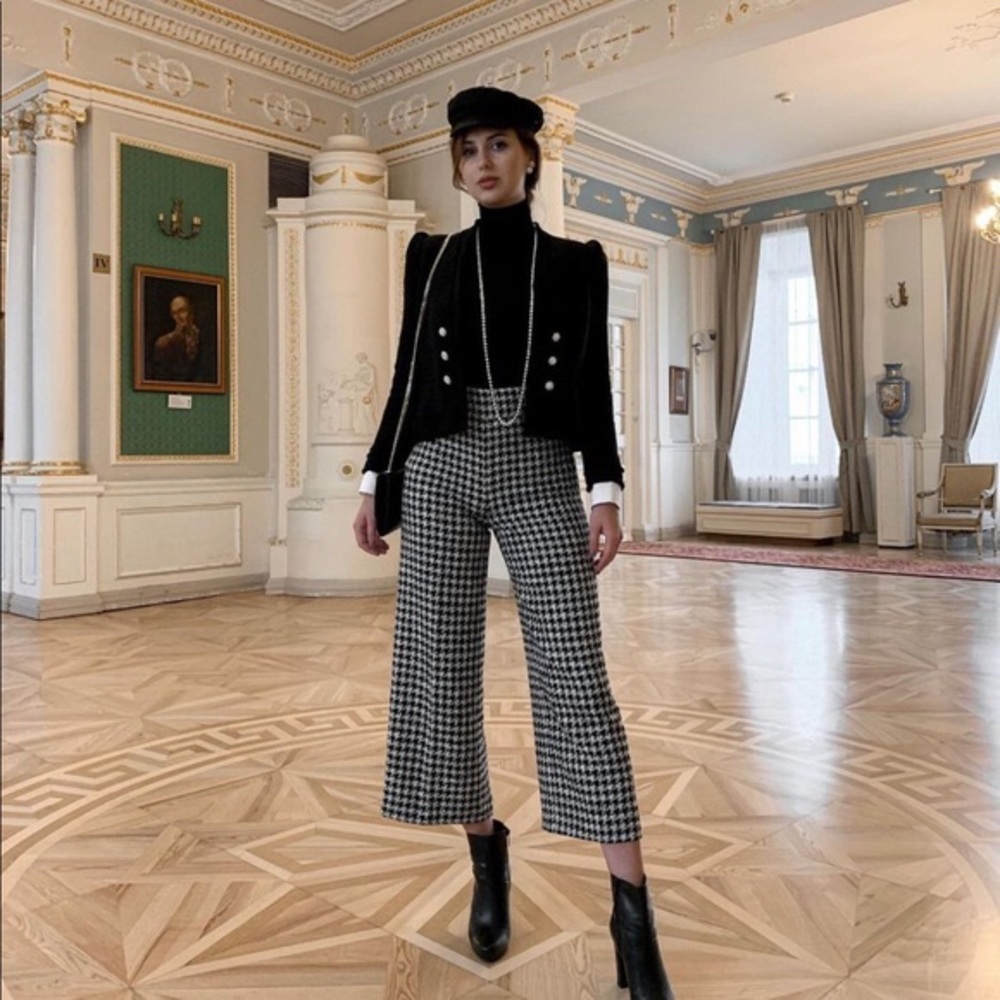 ZARA Houndstooth Wide Leg Crop Pants Trousers